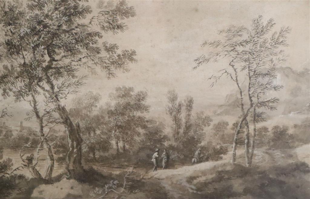 Antoine Visentini (1688-1782), monochrome watercolour, Figures in an Italian landscape, John Manning label verso, 26 x 40cm